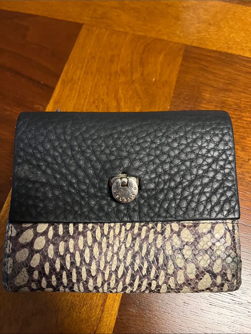 Furla Black Pebbled Leather Wallet with Taupe Snake-Print Panel, some damage